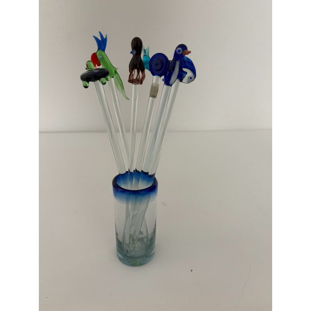 Vtg Hand blown glass animal topped swizzle sticks in blown glass
